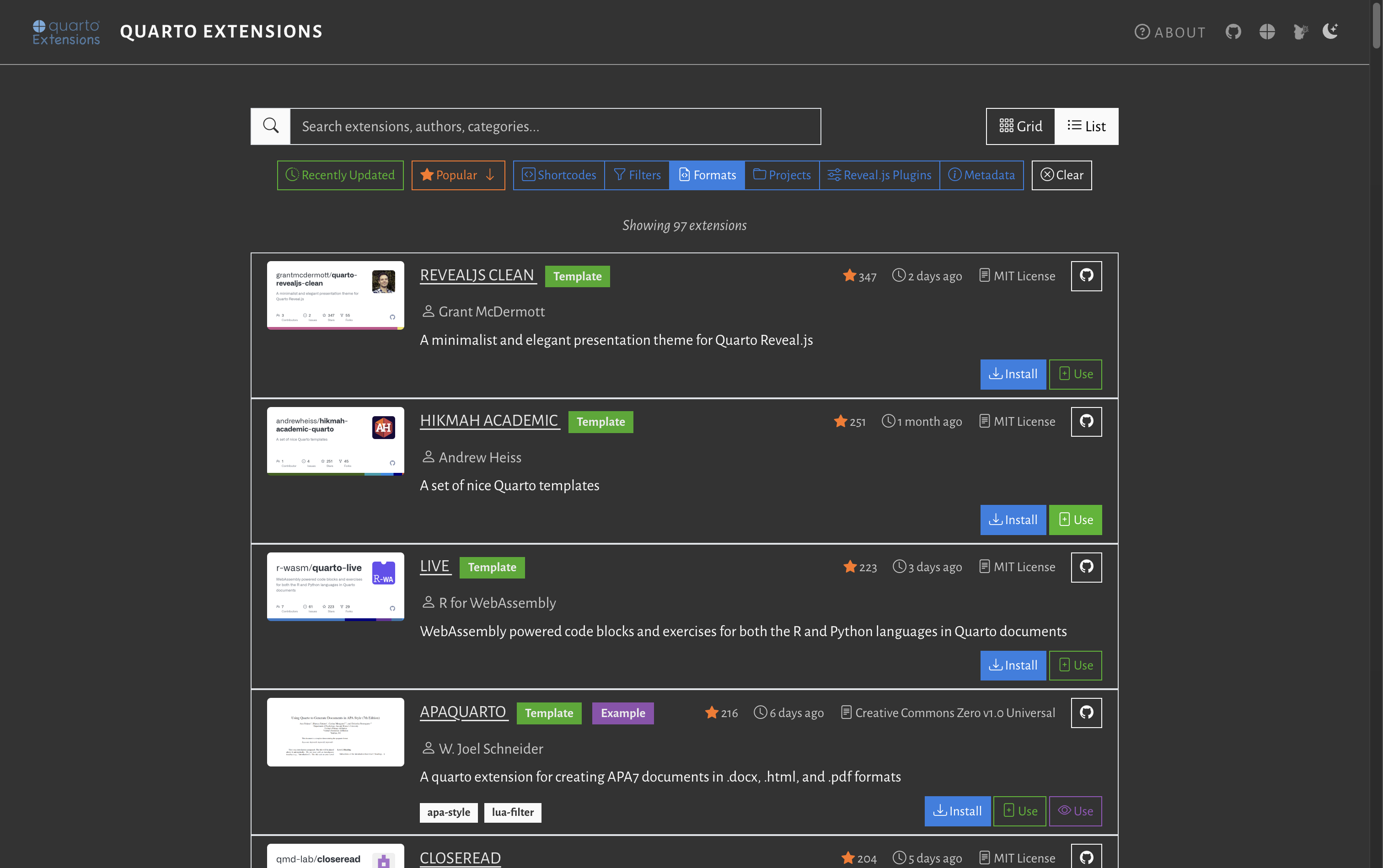 Mickaël CANOUIL's Quarto Extensions list view filtered by formats Quarto Extensions website in list view showing Template extensions with
install and use buttons.