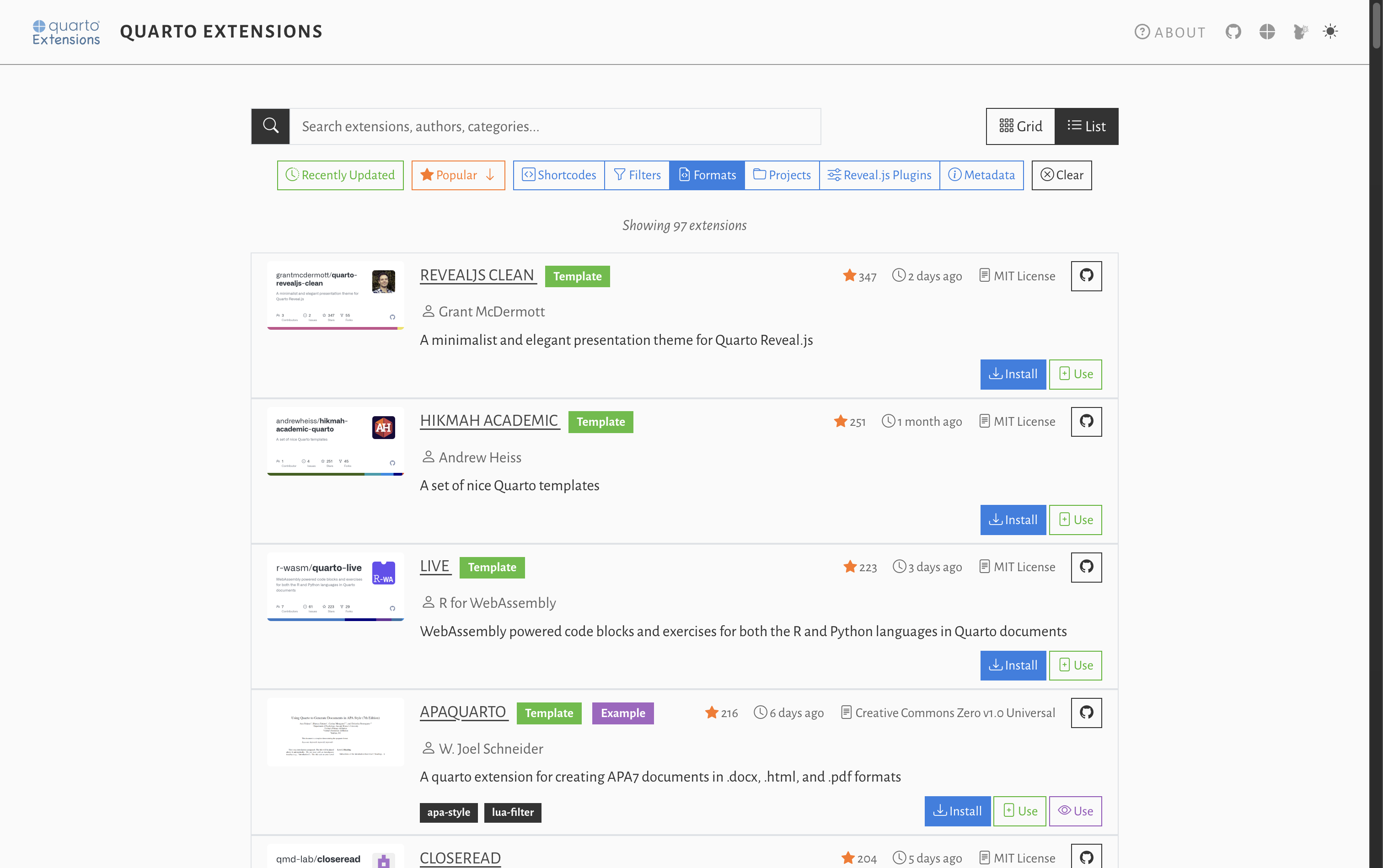 Mickaël CANOUIL's Quarto Extensions list view filtered by formats Quarto Extensions website in list view showing Template extensions with
install and use buttons.