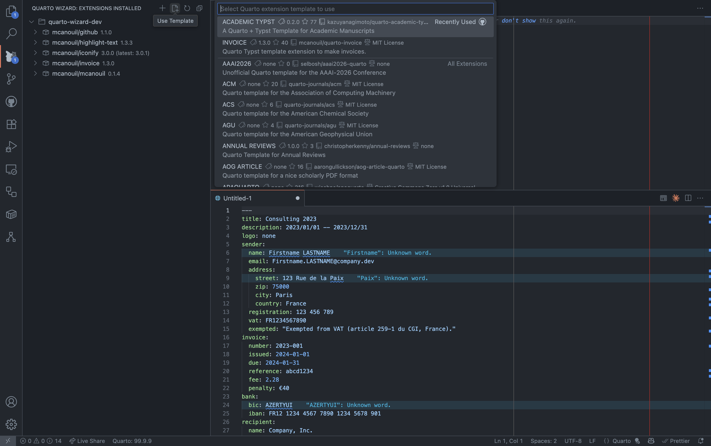 Quarto Wizard: Use Template (Dark) Visual Studio Code showing Quarto Wizard with installed extensions list
and document editor displaying invoice template with YAML frontmatter.