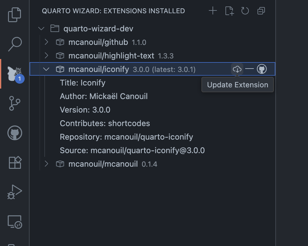 Quarto Wizard: Explorer View Update (Dark) Quarto Wizard Extensions Installed panel showing expanded iconify
extension details with update button and version information.