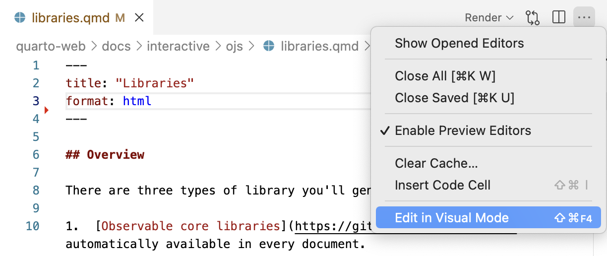 The editor menu with the Edit in Visual Mode command highlighted.